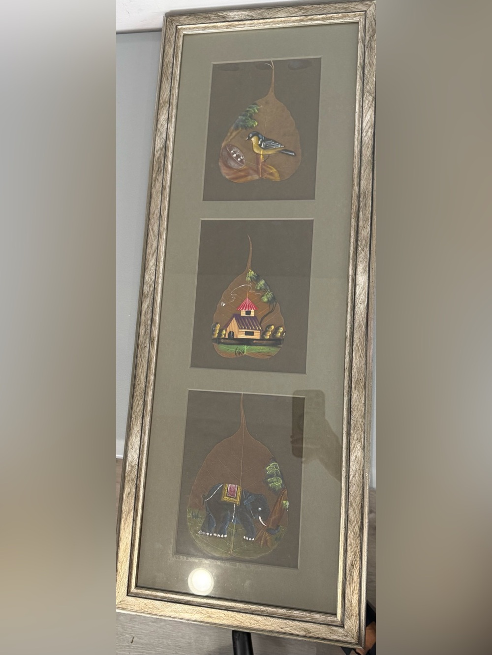 Framed Matted Leaf Art Triptych 3 Panels Bird House Elephant Wall Decor 32”X12